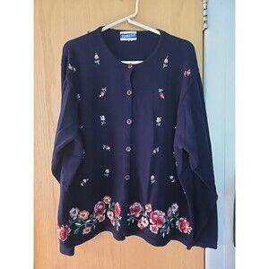 Pendelton Plus Womens XL Embroidered Floral Blue‎ Sweater Cardigan Top